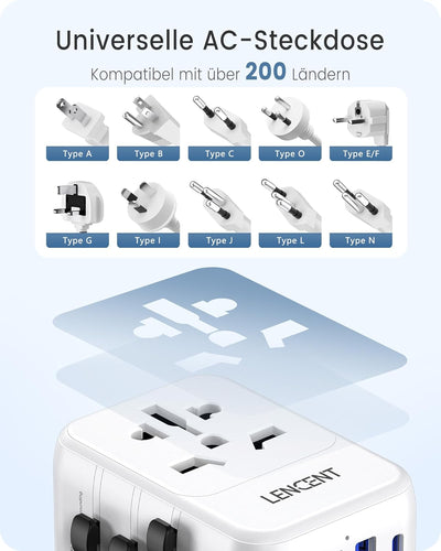 LENCENT Universal Reiseadapter Weltweit Internationaler Adapter mit 3 USB & Typ-C PD Ladeanschlüssen