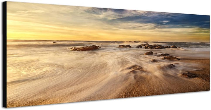 Paul Sinus Art Panoramabild auf Leinwand und Keilrahmen 150x50cm Strand Meer Wolkenschleier Morgendä