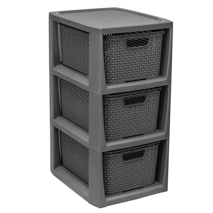 BranQ - Home essential Regal in Rattan Design, Kunststoff PP, Anthrazit, 29,5x24x48,7 cm 3 Körben An