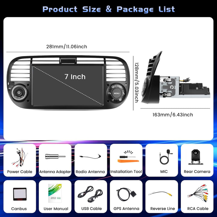 Hikity 4+128G Android Autoradio mit Bildschirm für FIAT 500 2007-2015 Wireless Carplay, Autoradio mi