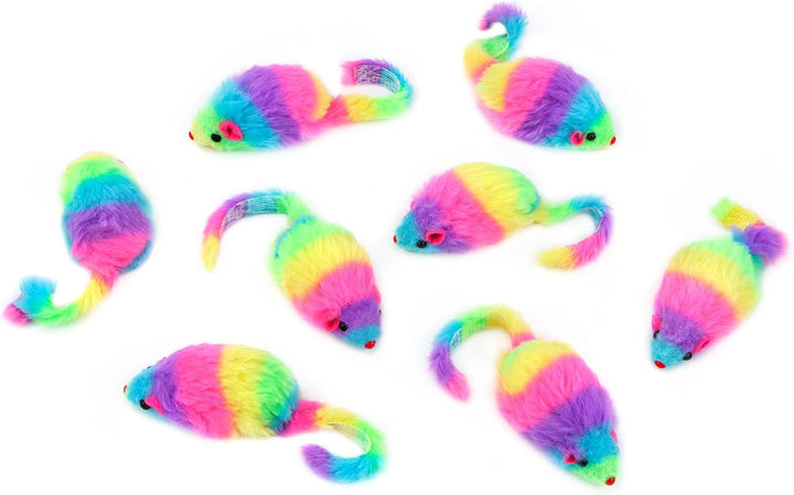 Chiwava 24 STK. 7,5cm Regenbogenfarbene pelzige Katzenspielzeug mäuse mit Rassel Kätzchen Maus Inter