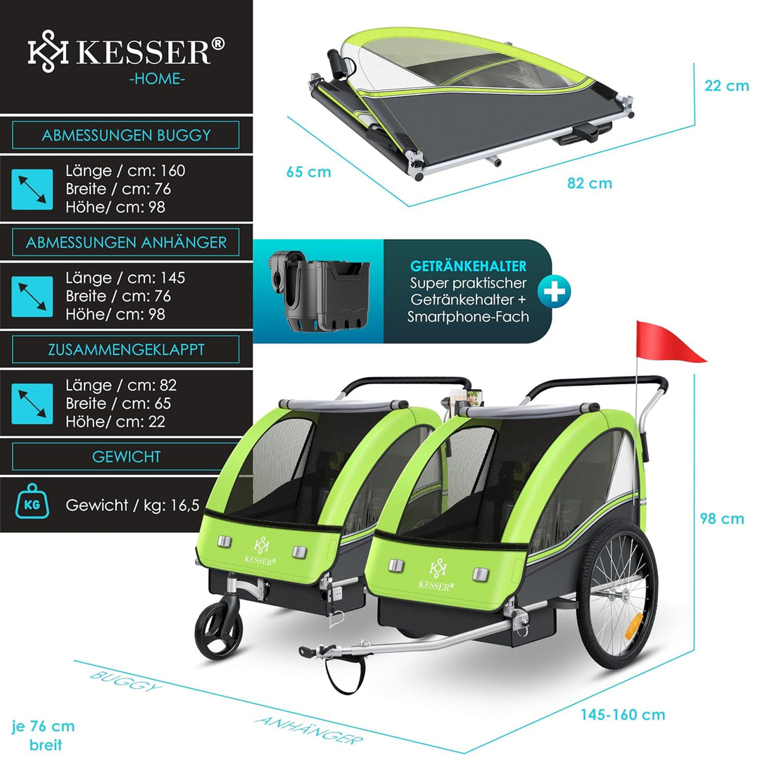 KESSER® Kinderanhänger Fahrradanhänger Sport-RX 2 in 1 Joggerfunktion Kinderfahrradanhänger + 5-Punk