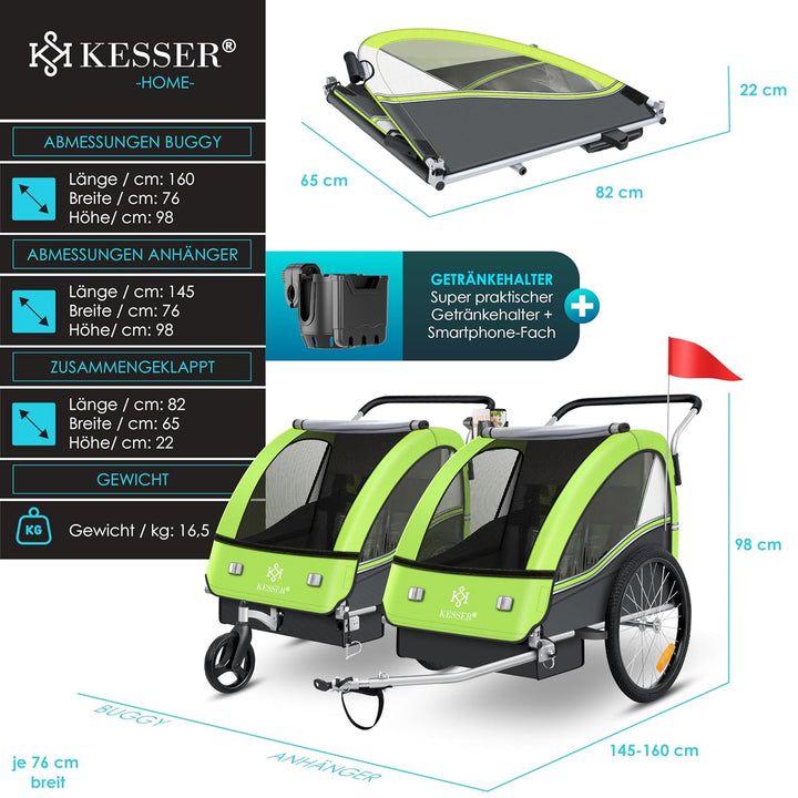 KESSER® Kinderanhänger Fahrradanhänger Sport-RX 2 in 1 Joggerfunktion Kinderfahrradanhänger + 5-Punk