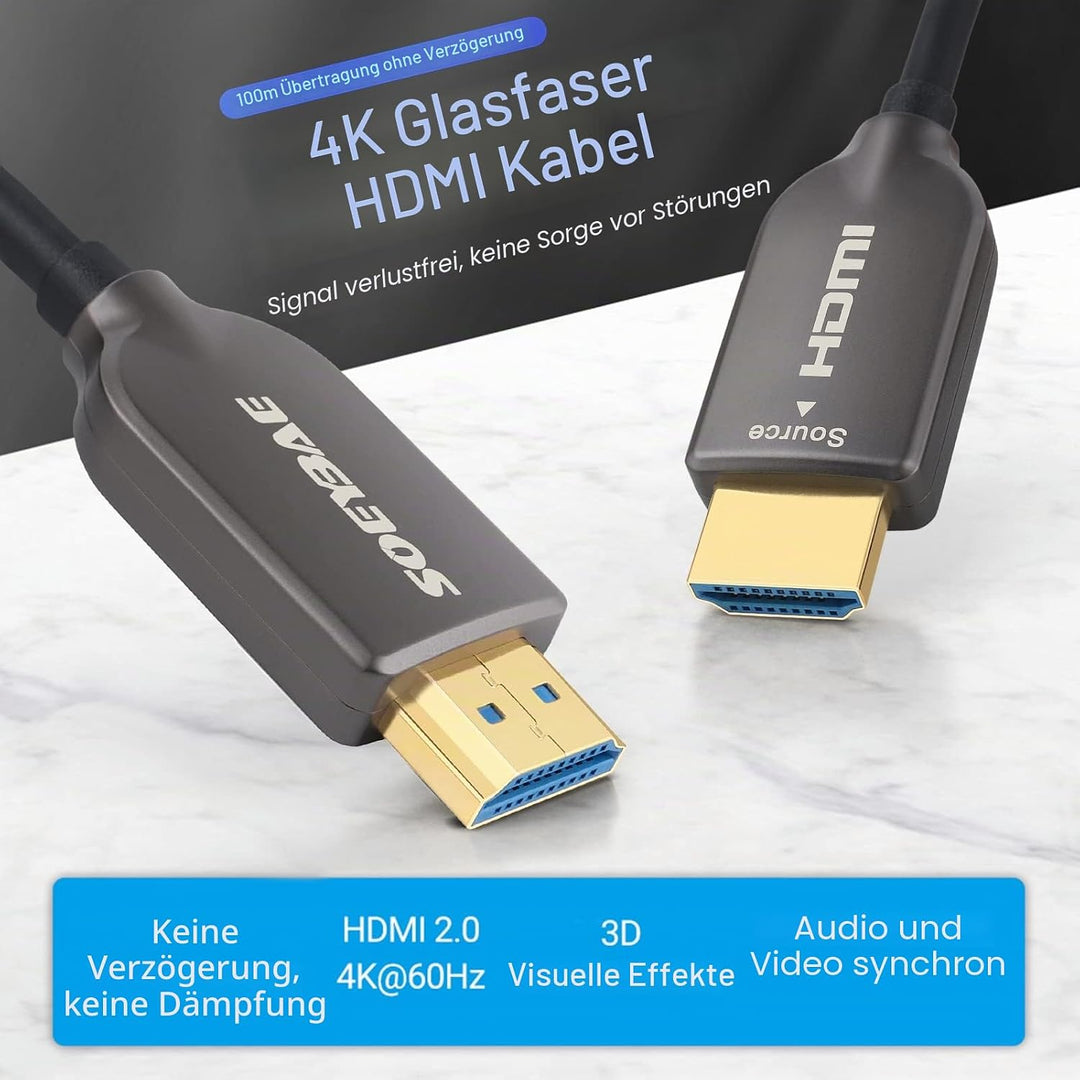SOEYBAE 4K HDMI Glasfaserkabel 50M 4K@60Hz 18Gbps, Glasfaser HDMI 2.0b Kabel mit HDR10, HDCP 2.2 &amp; 3