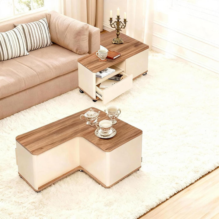 Couchtisch mit Rollen, Wohnzimmertisch Holz mit 2 Schublade, Frei Arrangiert, Ausgefallene Couchtisc