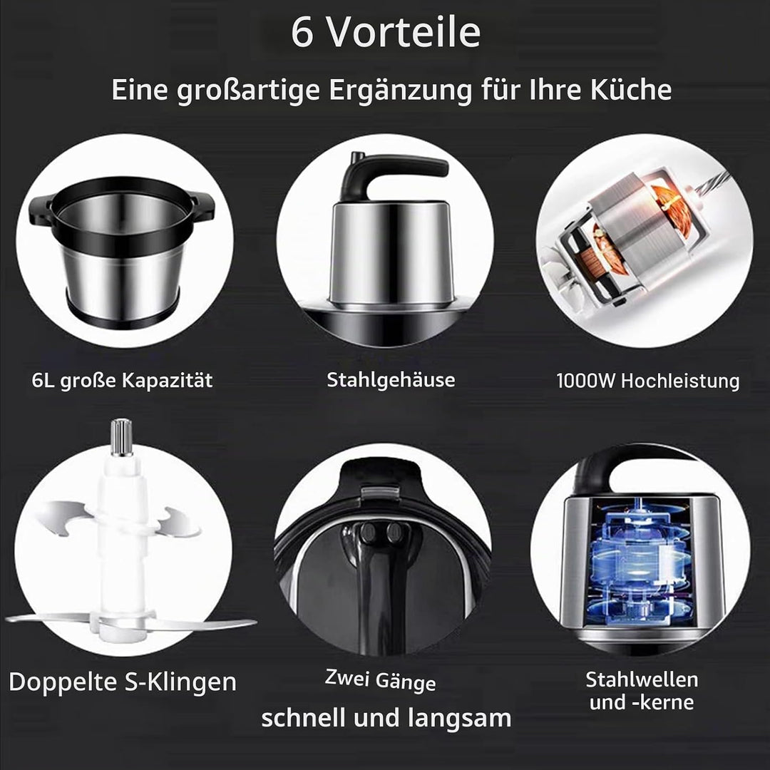 6L Zerkleinerer Küche Elektrisch,1000W Fleischwolf Elektrisch,2 Geschwindigkeitsstufen,4-Edelstahlkl