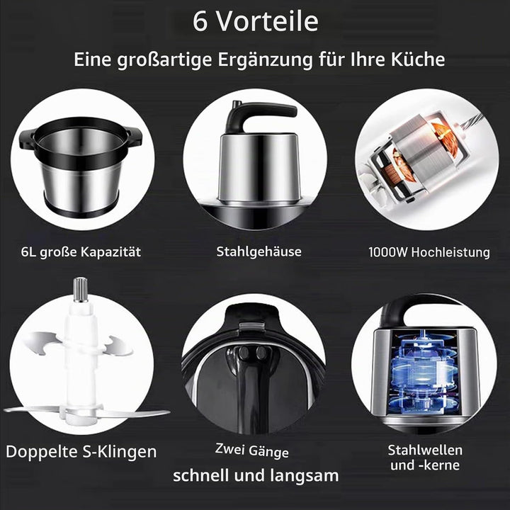 6L Zerkleinerer Küche Elektrisch,1000W Fleischwolf Elektrisch,2 Geschwindigkeitsstufen,4-Edelstahlkl