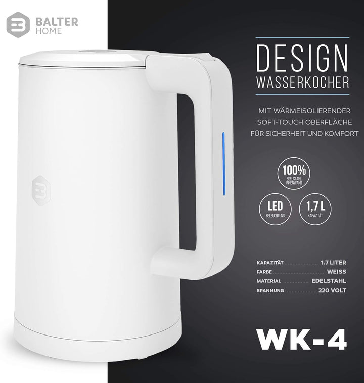 Balter Wasserkocher Edelstahl WK-4, 1,7 Liter, elektrischer Wasserkocher, Doppelwand Design, BPA fre