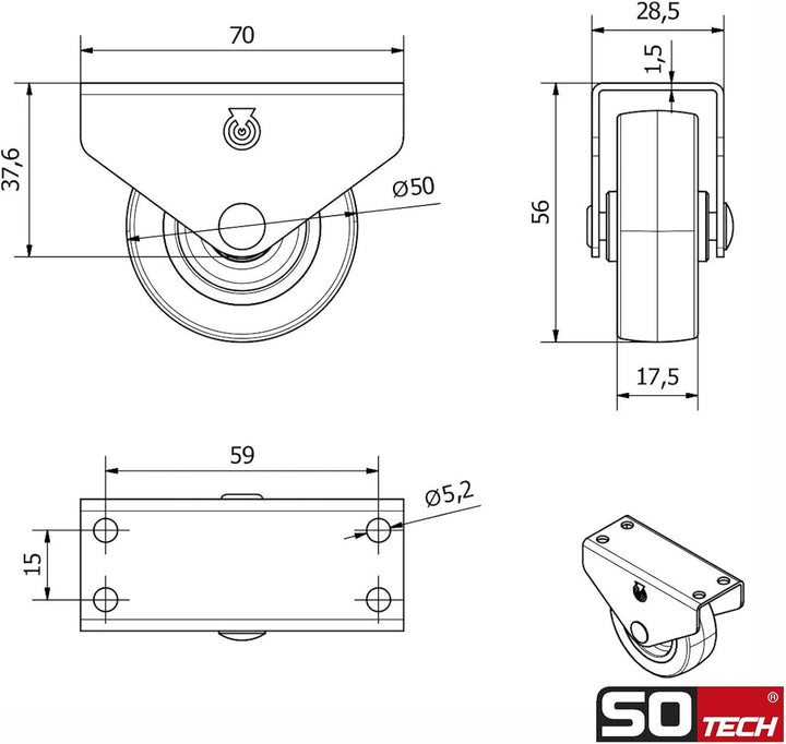 Sotech 16er Set Kastenrolle PASSAU (Ø 50 mm, für Unterbaumontage, dunkelgrau) Möbelrolle, leise und