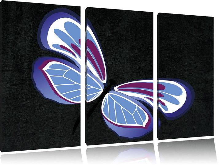 Pixxprint Hübscher lila-Blauer Schmetterling schwarz 3-Teiler Leinwandbild 120x80 Bild auf Leinwand
