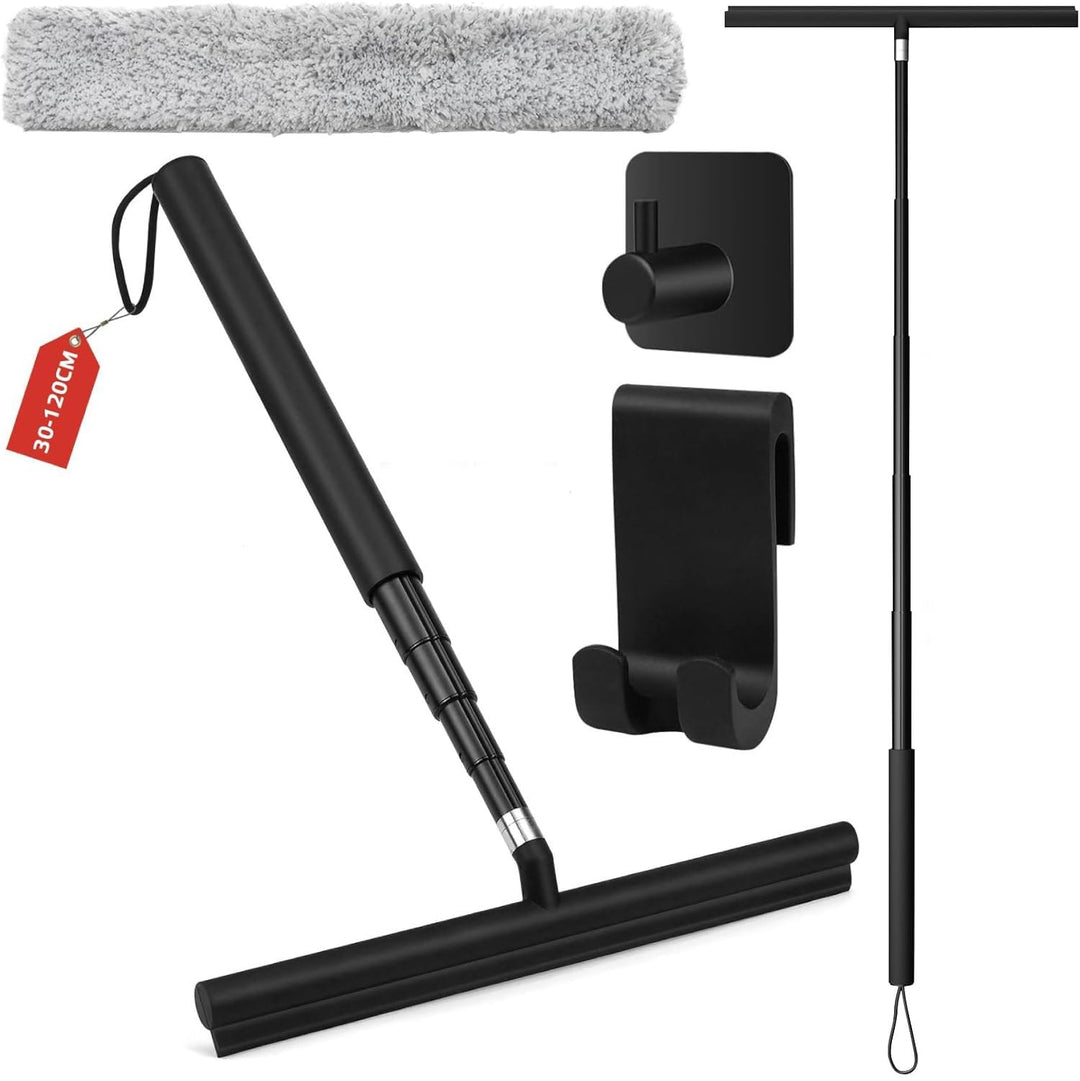 Ausziehbarer Duschabzieher Schwarz, Abzieher Dusche mit 30-120cm Teleskopstiel Fensterabzieher mit E