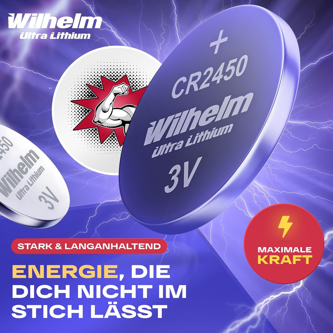 50 x CR2450 WILHELM Lithium Knopfzelle 3V 600mAh ø24,5x5,0mm Batterie DL 2450 50 Batterien, 50 Batte