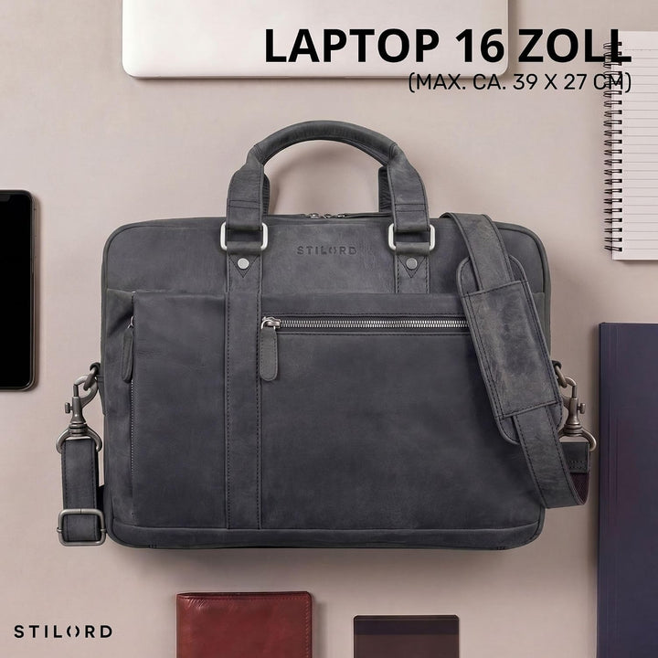 STILORD 'Nico' Grosse Businesstasche aus Hochwertigem Leder für 15.6 Zoll Laptop, Farbe:carbon - gra