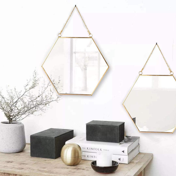 C&Z Sechseckiger Spiegel zum Aufhängen, Gold, geometrischer Vintage-Stil, Spiegel mit Kette für Bade