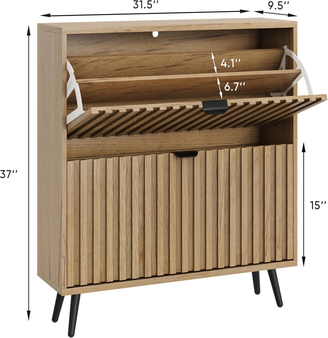 Smuxee Schuhschrank mit 2 Klappschubladen, 80 cm, natürlicher versteckter Schuhschrank mit geriffelt