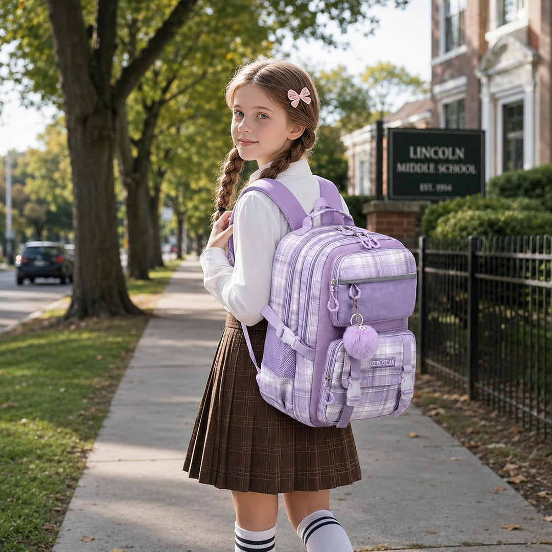 KEBEIXUAN Rucksack Mädchen, Schultasche Mädchen 1.-5. Klasse, Atmungsaktiv Schulrucksack mit Pom-Pom