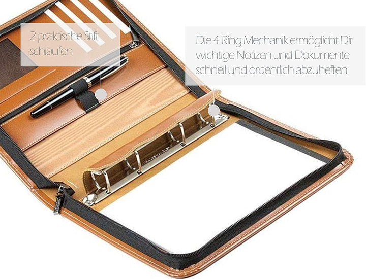 DELMON VARONE - Personalisierbare Ringbuch Schreibmappe DIN A5 aus Cambridge Top Grain Leder braun,