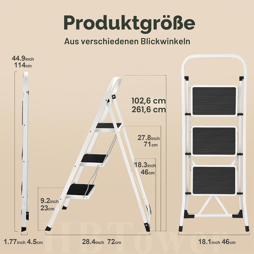 HBTower 3-Stufen-Leiter, Trittleiter mit Anti-Rutsch-Pedal, 20 cm breite Stufen, 150KGS Kapazität, P
