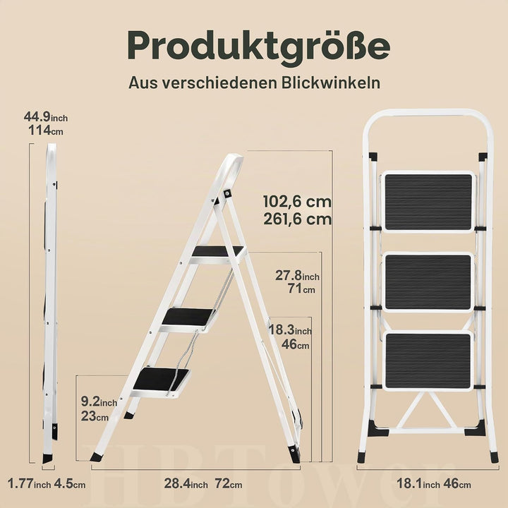 HBTower 3-Stufen-Leiter, Trittleiter mit Anti-Rutsch-Pedal, 20 cm breite Stufen, 150KGS Kapazität, P