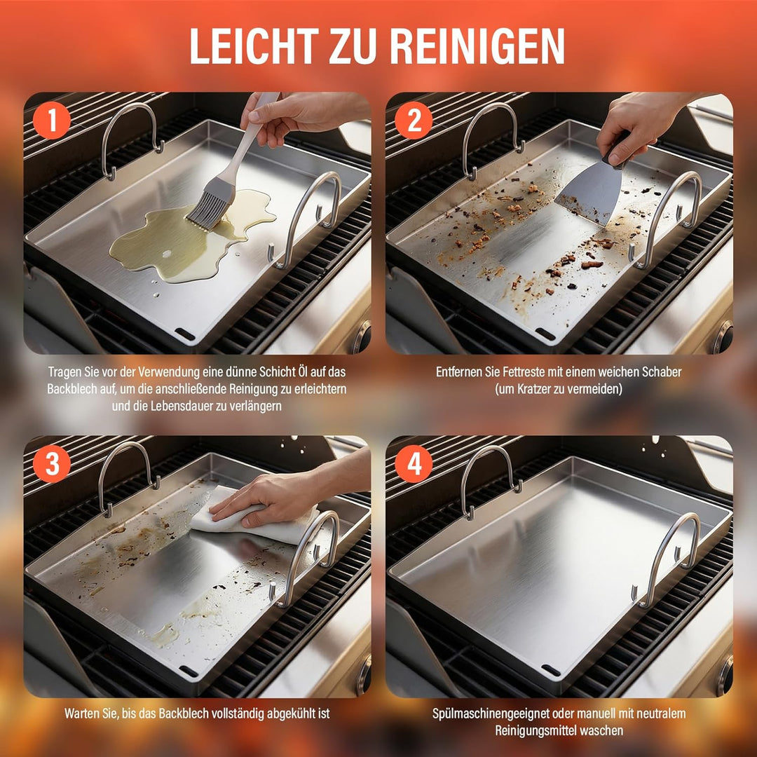 Premium Plancha Grillplatte 40×30 cm – 4 mm Edelstahl, inkl. 3 Grillwerkzeuge &amp; 30 Fettabsorptionspa
