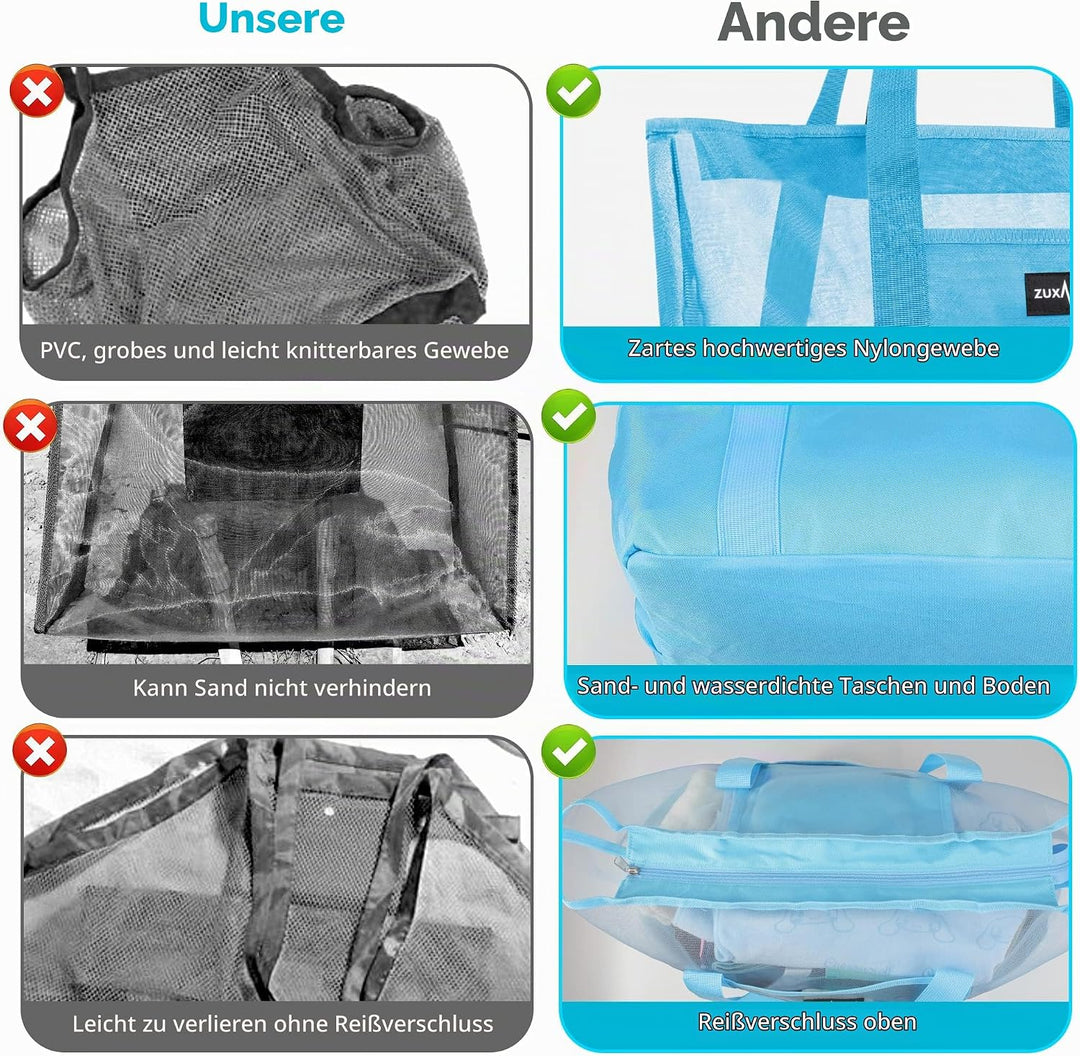 Mesh Strandtasche XXL Familie mit Reissverschluss, Gross Faltbar Sandkontrolle Ultraleicht Badetasch