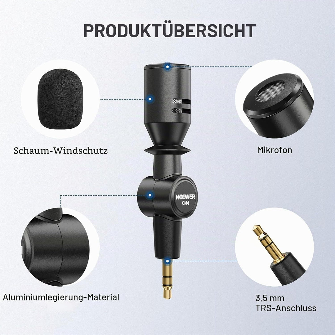 NEEWER 3,5mm TRS Omnidirektionales Mini Mikrofon für DSLR Kamera Recorder Vlog Podcast Interview, Ko