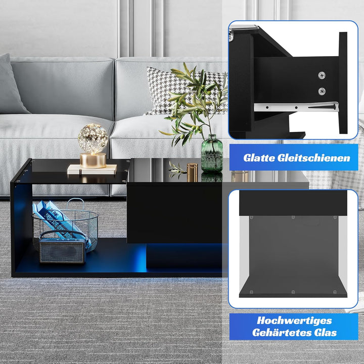 Merax Couchtisch Schwarz Hochglanz mit LED, Moderner Wohnzimmertisch mit Stauraum Schubladen, Glaspl