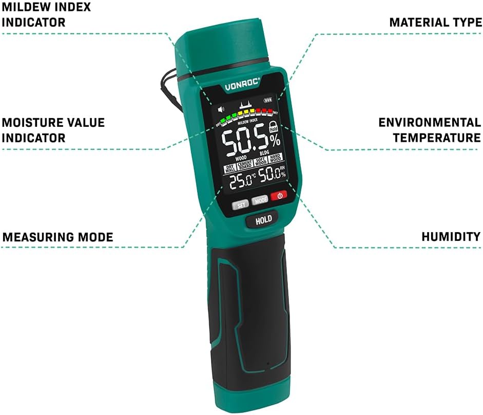 VONROC PRO Feuchtigkeitsmessgerät – Doppelmessung: Mit oder ohne Messstifte (Sensor) | Multicolor-LC