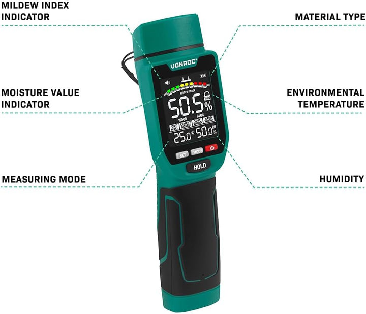 VONROC PRO Feuchtigkeitsmessgerät – Doppelmessung: Mit oder ohne Messstifte (Sensor) | Multicolor-LC