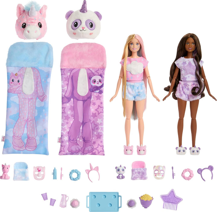 Barbie Cutie Reveal Pyjamaparty Deluxe Set - Über 35 Überraschungen inkl. 2 Puppen, 2 Haustiere, Far