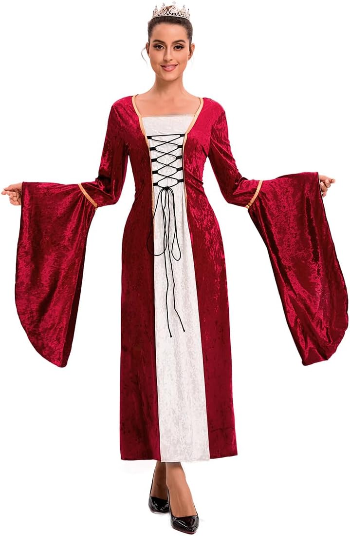 Damen Retro Mittelalter Kleid mit Trompetenärmel, Mittelalterliche Viktorianischen Königin Kleider R