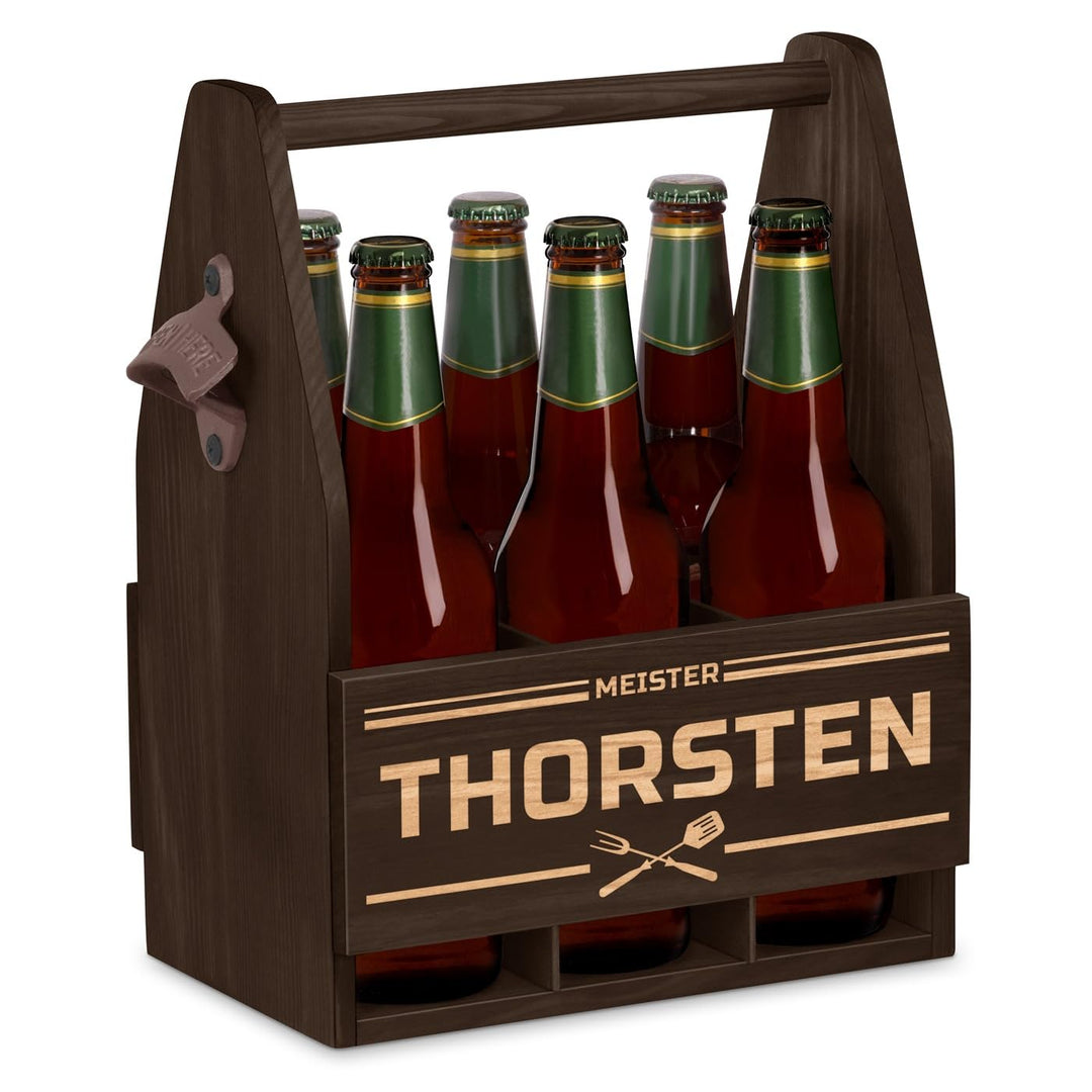 Maverton Bierträger für 6 Flaschen 0,5L + Gravur - Männerhandtasche mit Flaschenöffner - Grösse: 25x