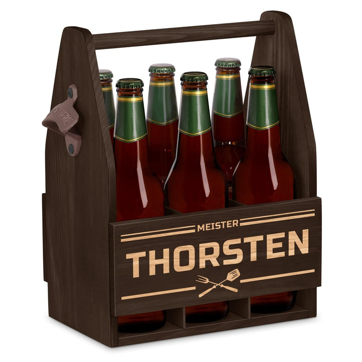 Maverton Bierträger für 6 Flaschen 0,5L + Gravur - Männerhandtasche mit Flaschenöffner - Grösse: 25x