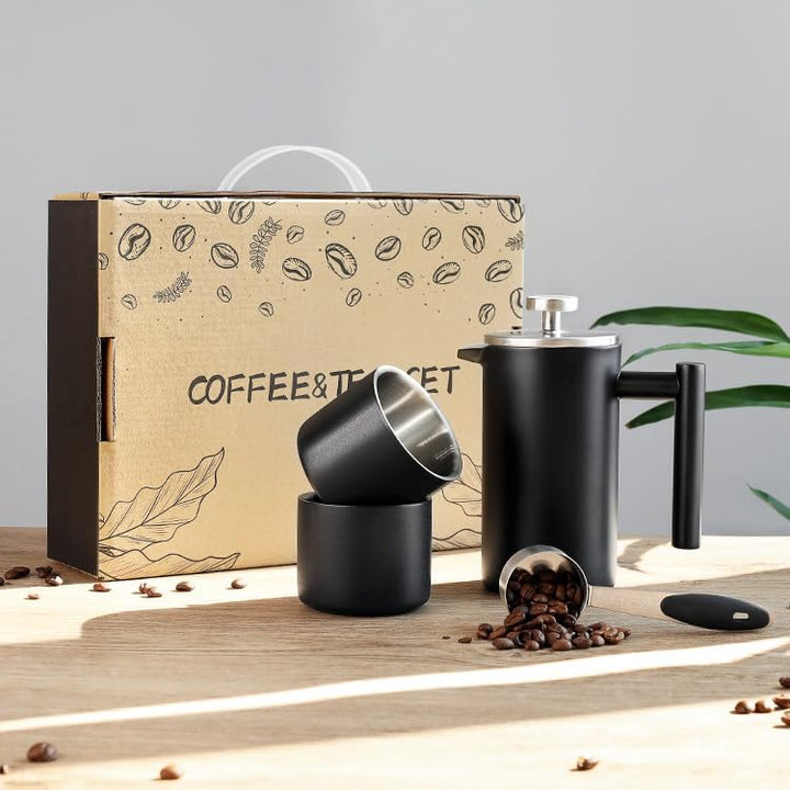 FeRey Tools French Press Kaffeebereiter Set – 350ml French Press mit 150ml Edelstahlbecher – Doppelw