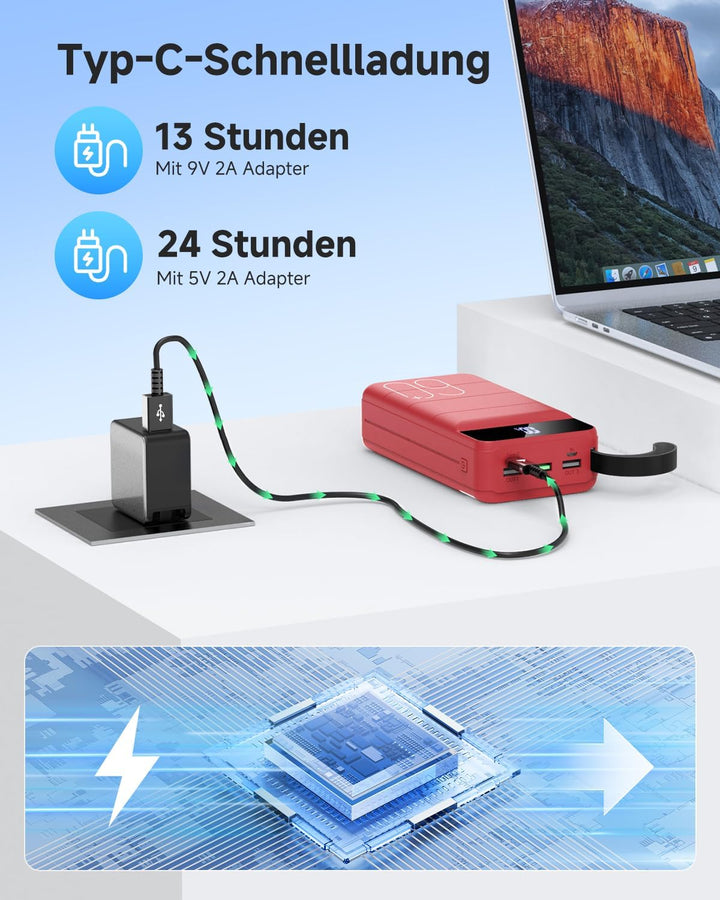 60000 mAh Power Bank, 22,5 W Powerbank USB-C Schnellladefunktion Externe Akku mit 4 Ausgänge und 3 E
