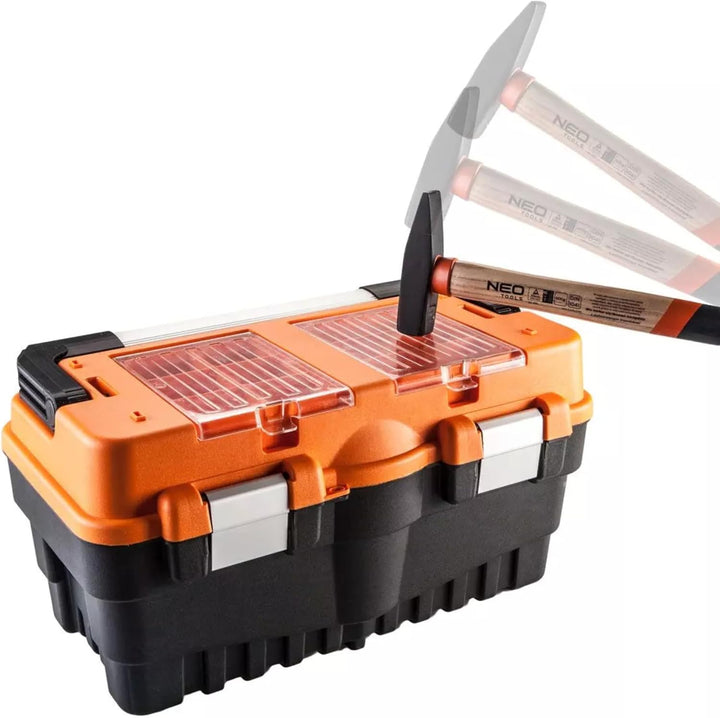NEO TOOLS Profi Werkzeugkasten 21" (54.7 x 27.1 x 27.8cm) Organizer, Verschliessbare Fächer aus Poly
