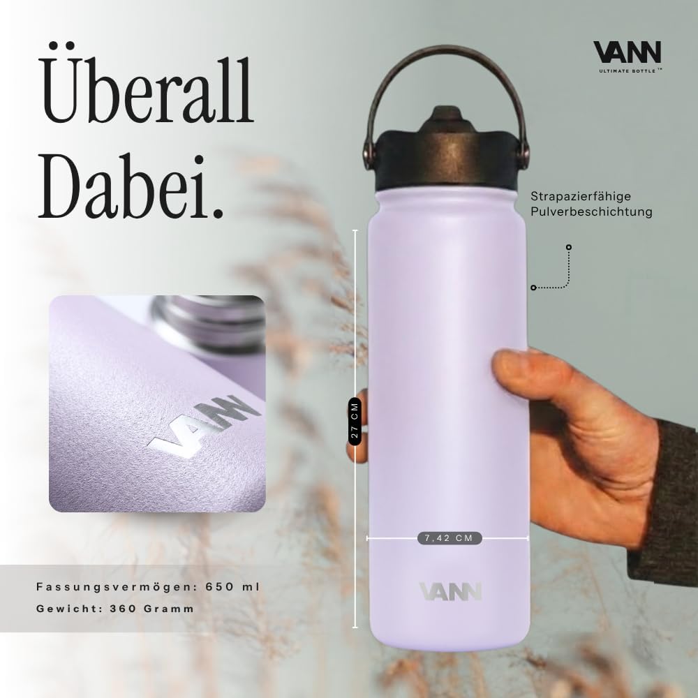 VANN Trinkflasche 650ML mit Strohhalm - 3fach isoliert [24h kalt 12h warm] Love Lila 650 ml, Love Li