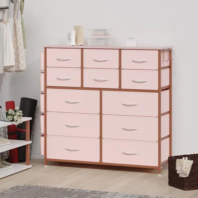 Kommode mit 12 Schubladen, Stoffschrank 99x30x110 cm Rosa, Rosa