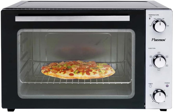 Bestron AOV55 2-in-1 Mini-Backofen mit Drehspiess, 55 Liter, 2000 W, Edelstahl, Schwarz 55 Liter Min