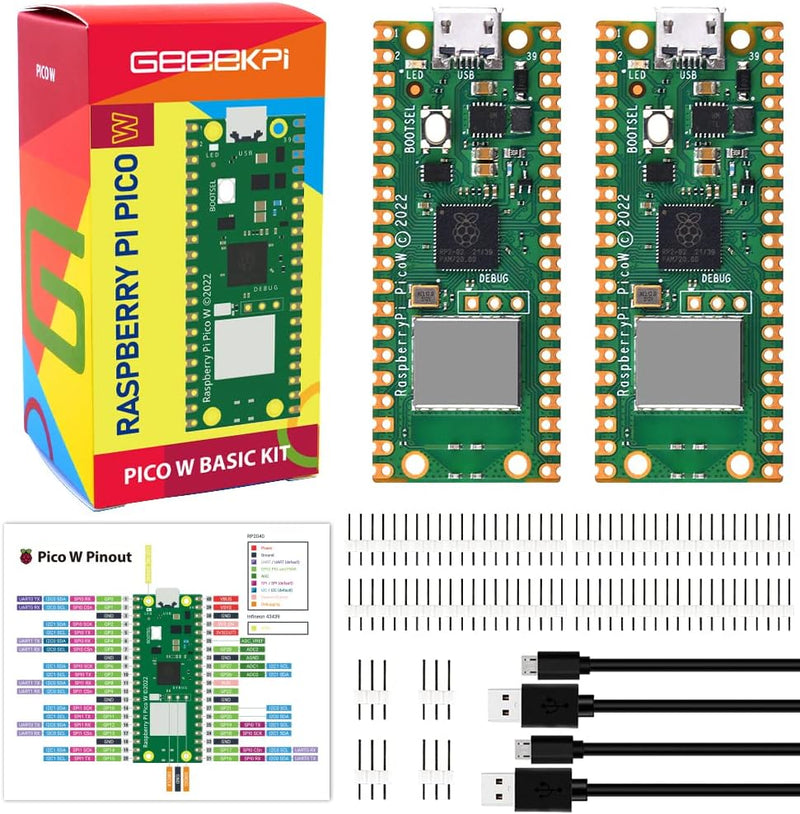 GeeekPi 2Pack Raspberry Pi Pico W with Pin Headers & USB Cables- Raspberry Pi RP2040 Chip, Wi-Fi Wir