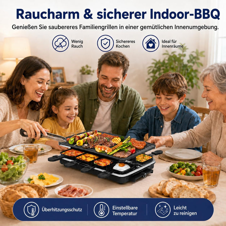 2-in-1 Raclette Grill, Raclette 8 Personen, 1300W Elektrogrill mit 1 Umkehrbarer Antihaft Grillplatt