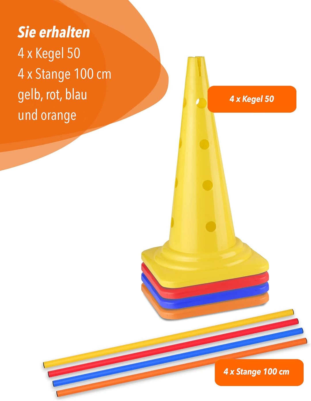 Kombi-Kegel 50 mit Stange 100 cm – 4er Set – Pylone mit Slalomstange – für Slalom-Parcours – Agility