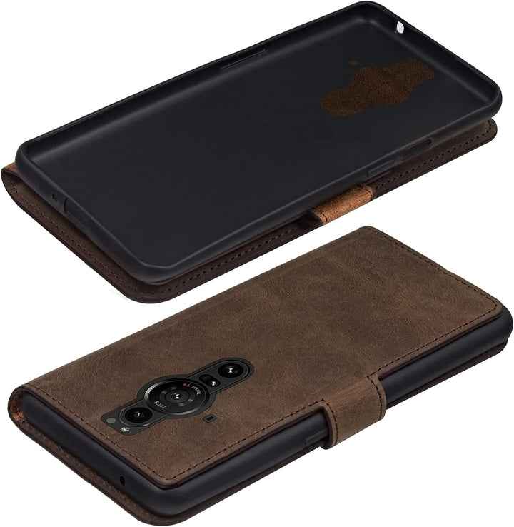 Suncase Book-Style Hülle kompatibel mit Sony Xperia Pro-I Leder Tasche (Slim-Fit) Lederhülle Handyta