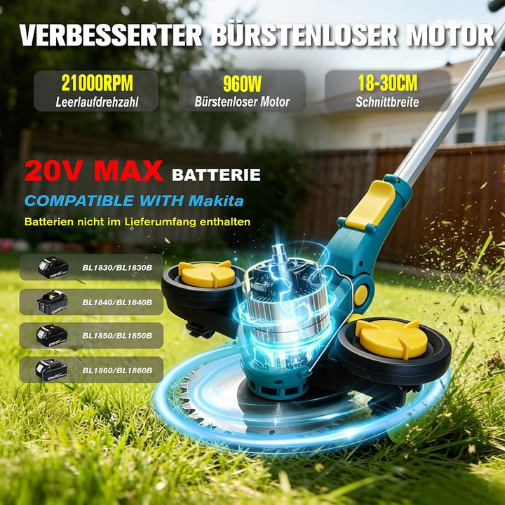 Akku Rasentrimmer für Makita Akku,Rasentrimmer mit Unkrautbürste Bürstenlose Elektro Motorsense Akku