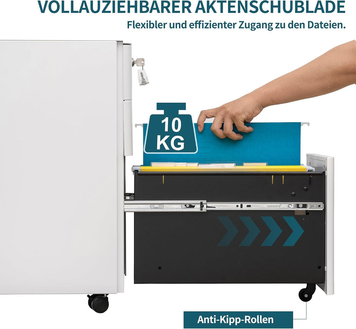 LVSTEEL Rollcontainer, Aktenschrank, Schubladenschrank, Büroschrank aus Metall, Vormontiert, Abschli