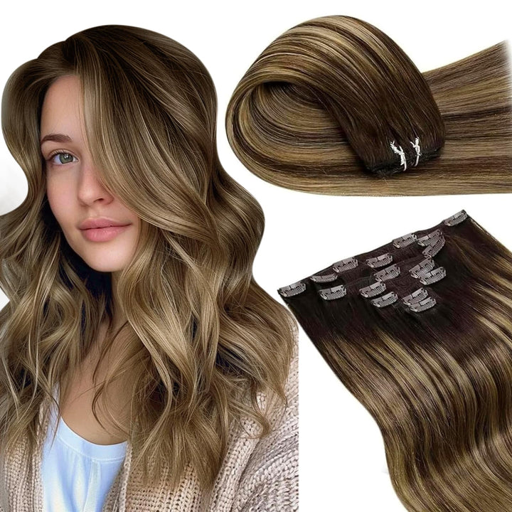 LaaVoo Echthaar Extensions Clip Balayage 50cm Dunkelbraun mit Karamellblond Remy Haarverlängerung Cl
