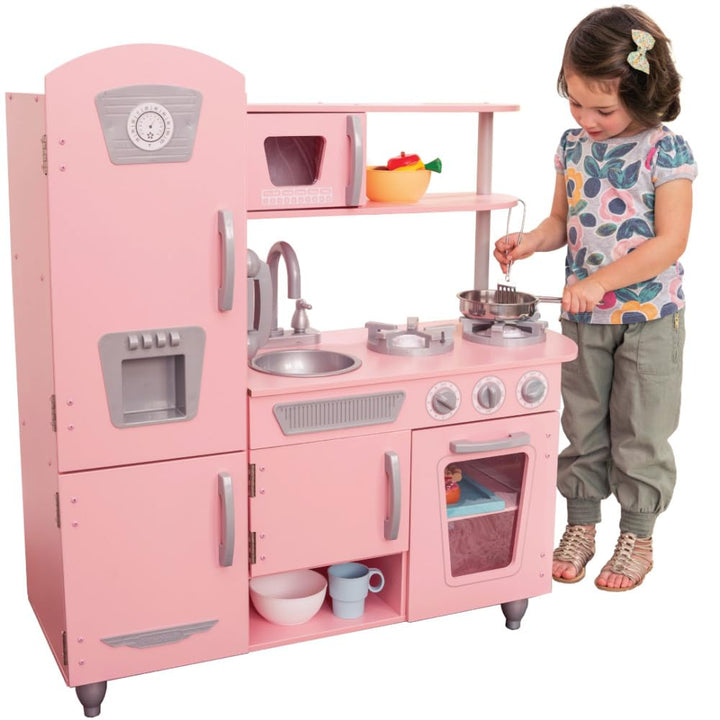 KidKraft Rosa Vintage Spielküche aus Holz mit Kindertelefon, Kinderküche mit Retro Kühlschrank, Spie