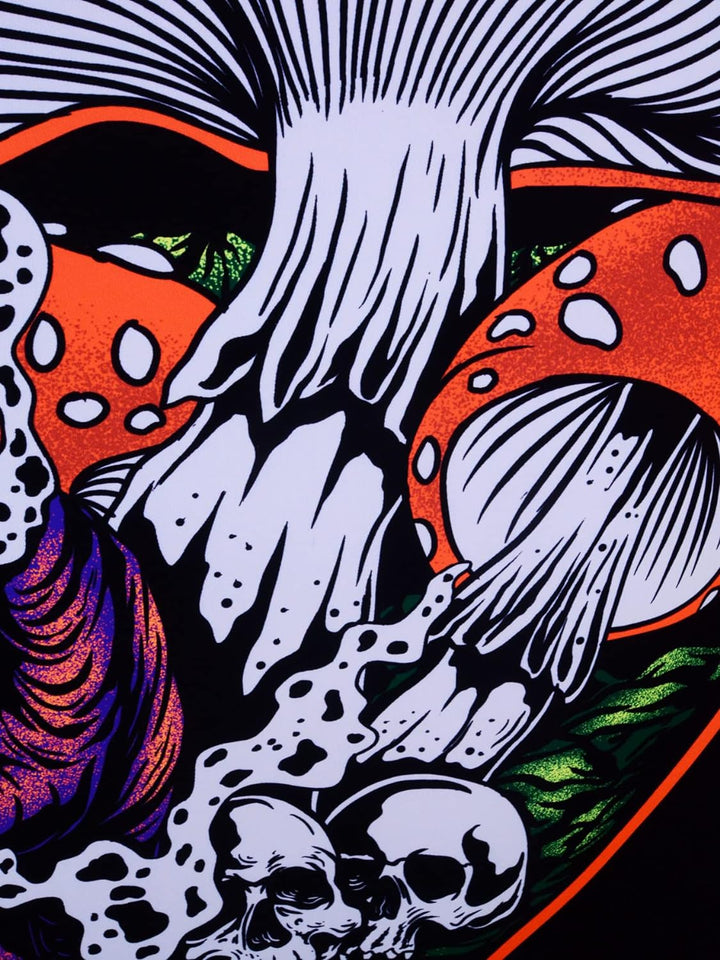 PSYWORK Schwarzlicht Stoffposter Neon | Magic Mushroom Druid | 1,5 x 2,25m | UV-aktiv | fluoresziere