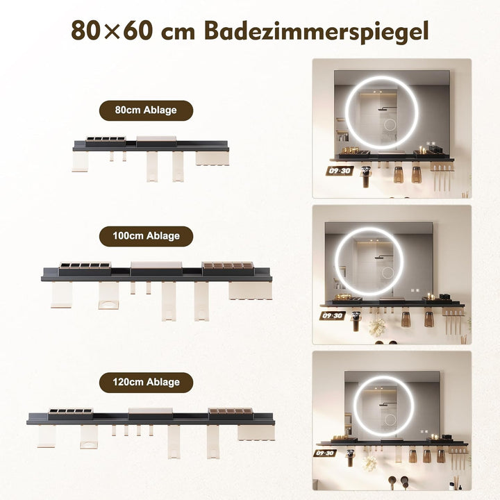 SONNI LED Badspiegel 80x60cm mit 80cm Ablage, Touch Badezimmerspiegel 3 Lichtfarben, Anti-Beschlag &