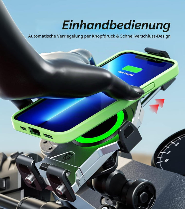 Kewig Anti-Diebstahl Wasserdicht Motorrad Handyhalterung 15W kabellos mit Vibrationsdämpfer, One-Pus